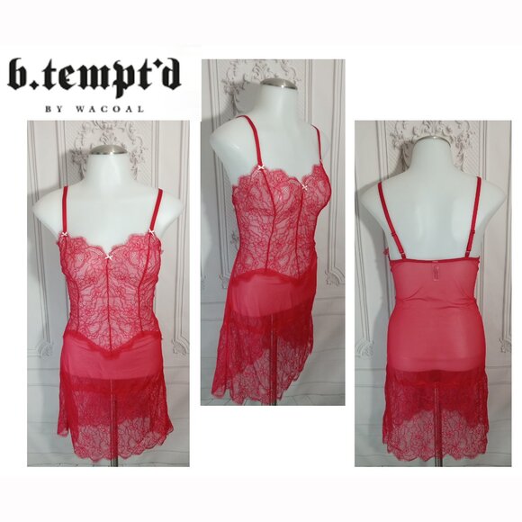 B. Tempted By Wacoal Other - B.Tempted Cherry Red Sheer Lace & Mesh W/ Bows Chemise Babydoll Lingerie  Sz M